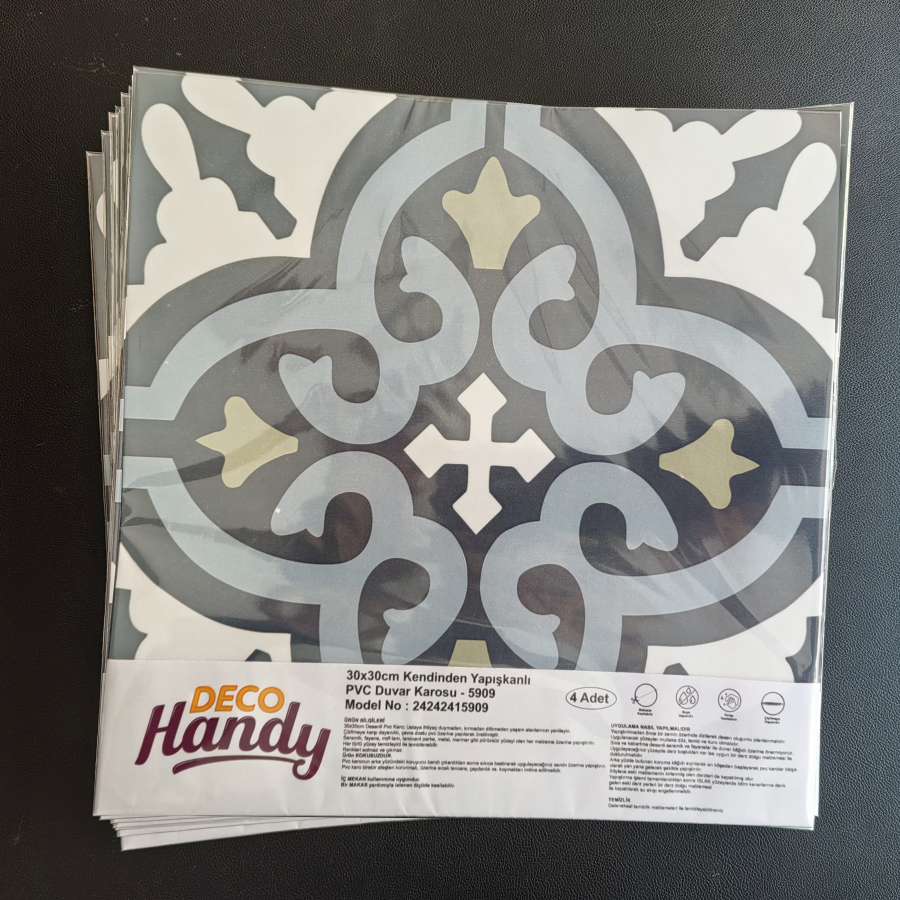 DecoHandy  Pvc Duvar Karosu 30x30cm 4’lü Paket – Siyah Beyaz Çini Desen  0,36m2