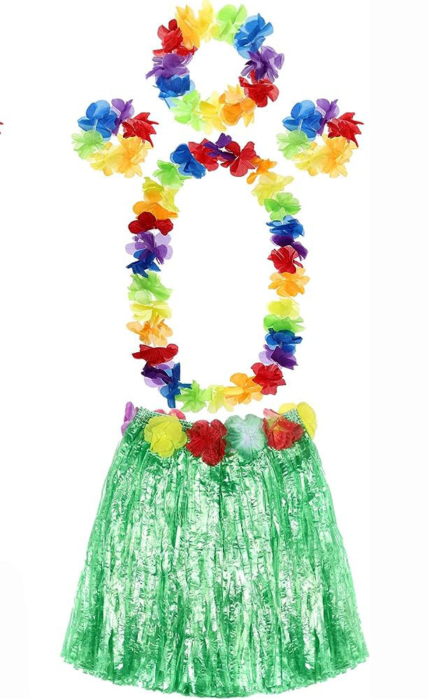 Yetişkin ve Çocuk Uyumlu Hawaii Luau Aloha Mavi Püsküllü Etek Kolye Taç ve 2 Adet Bileklik Seti