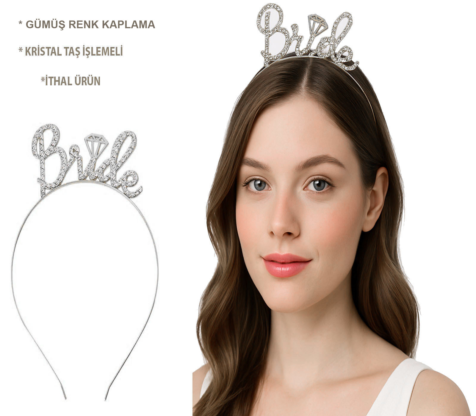 Gümüş Renk Team Bride Taç – Gelin ve Nedime Tacı
