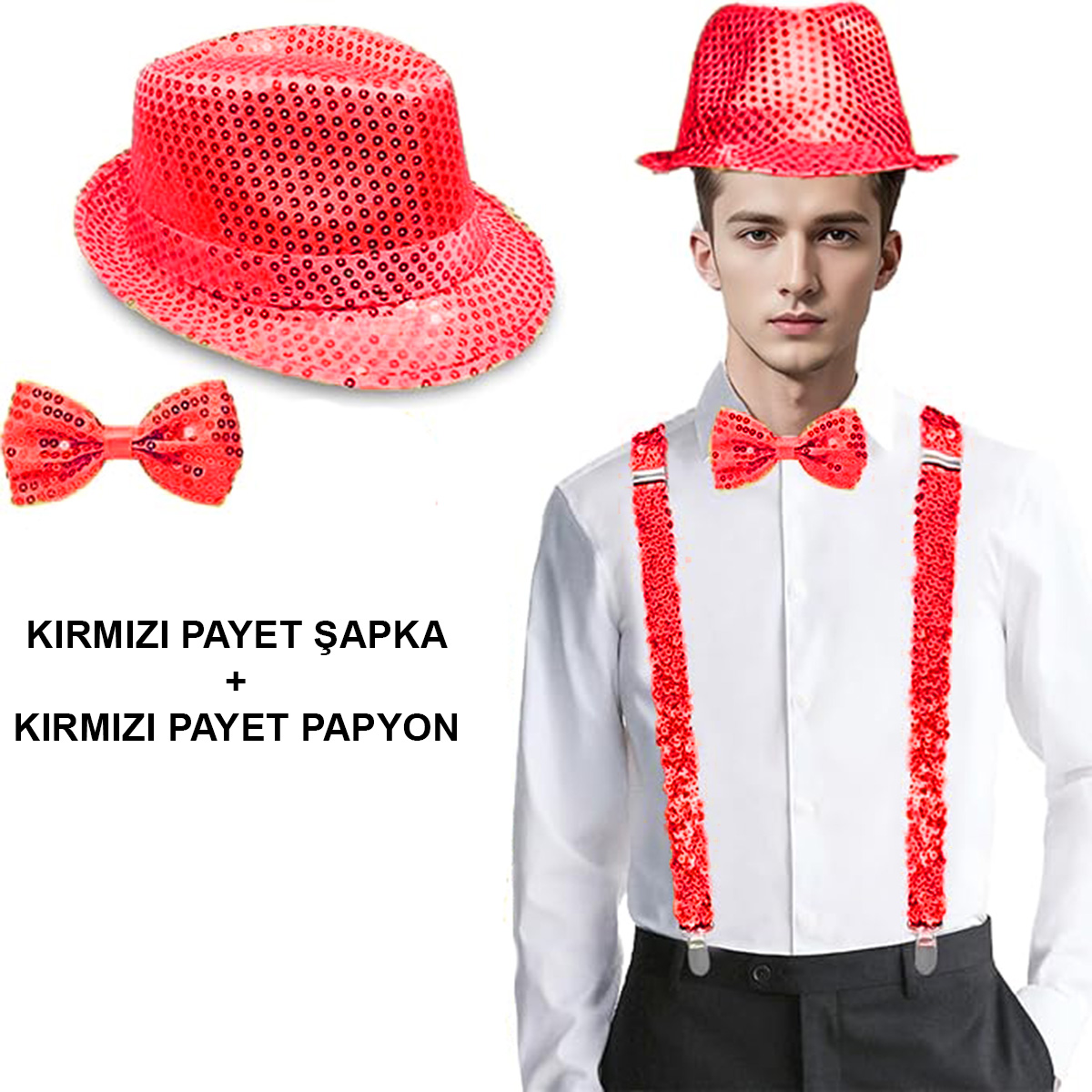 Kırmızı Payetli Pullu Papyon