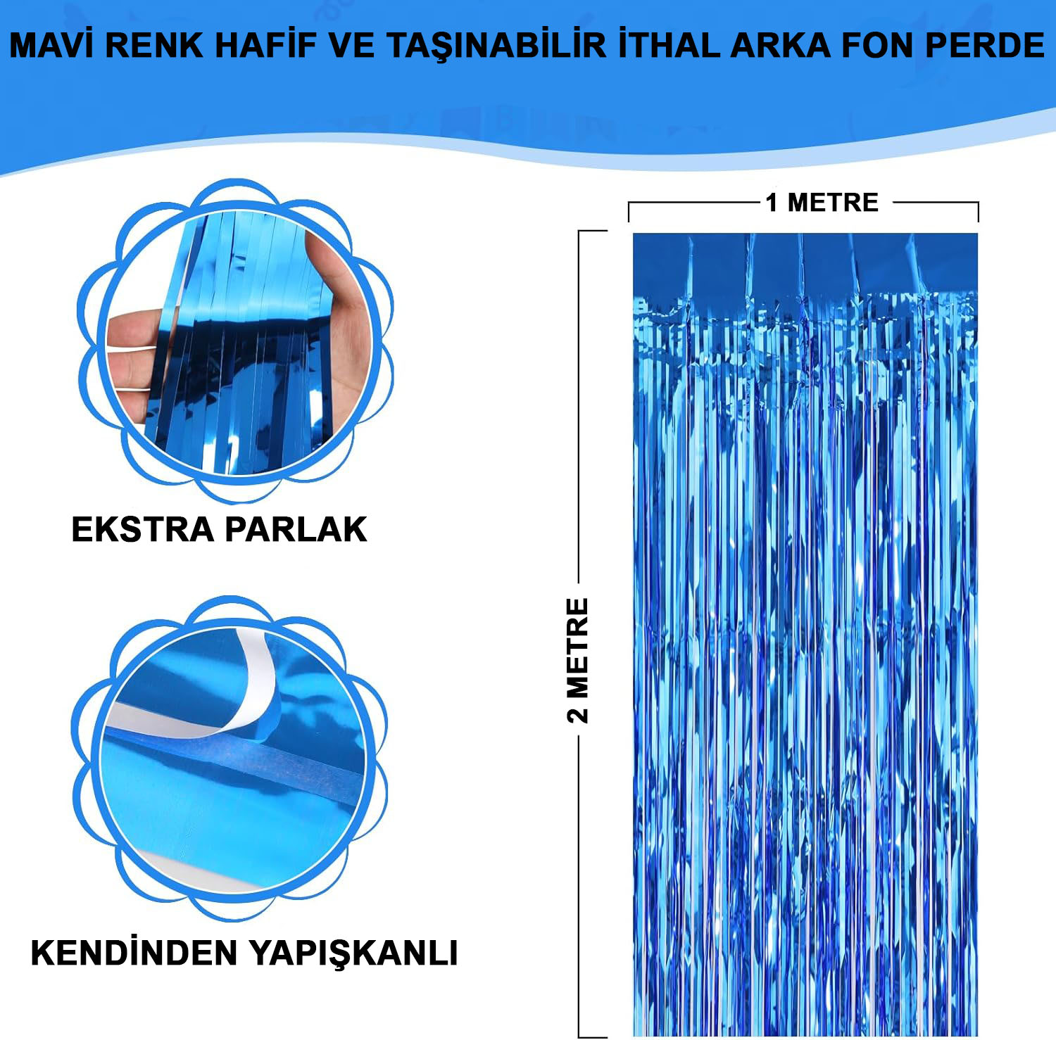 Ekstra Metalize Mavi Renk Saçaklı Arka Fon Perde 1×2 metre